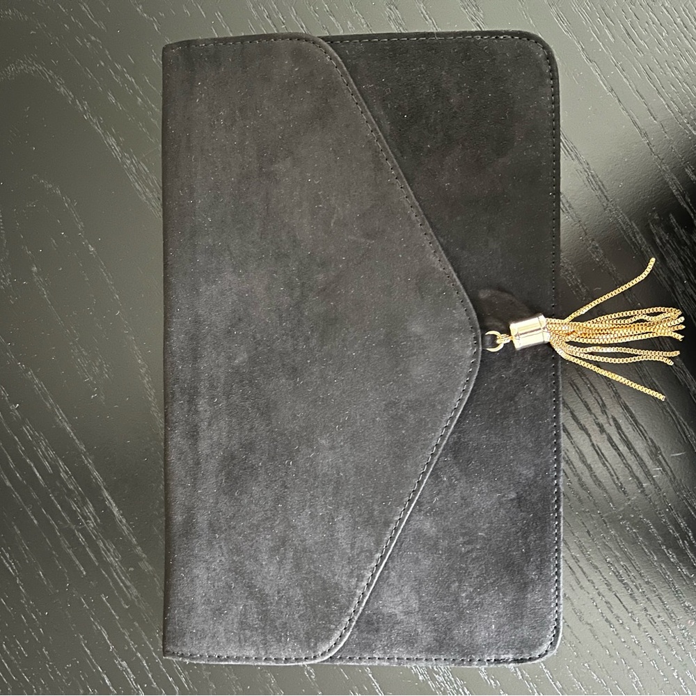 Elegant Black Faux Suede Envelope Clutch handbag with Gold Tassel